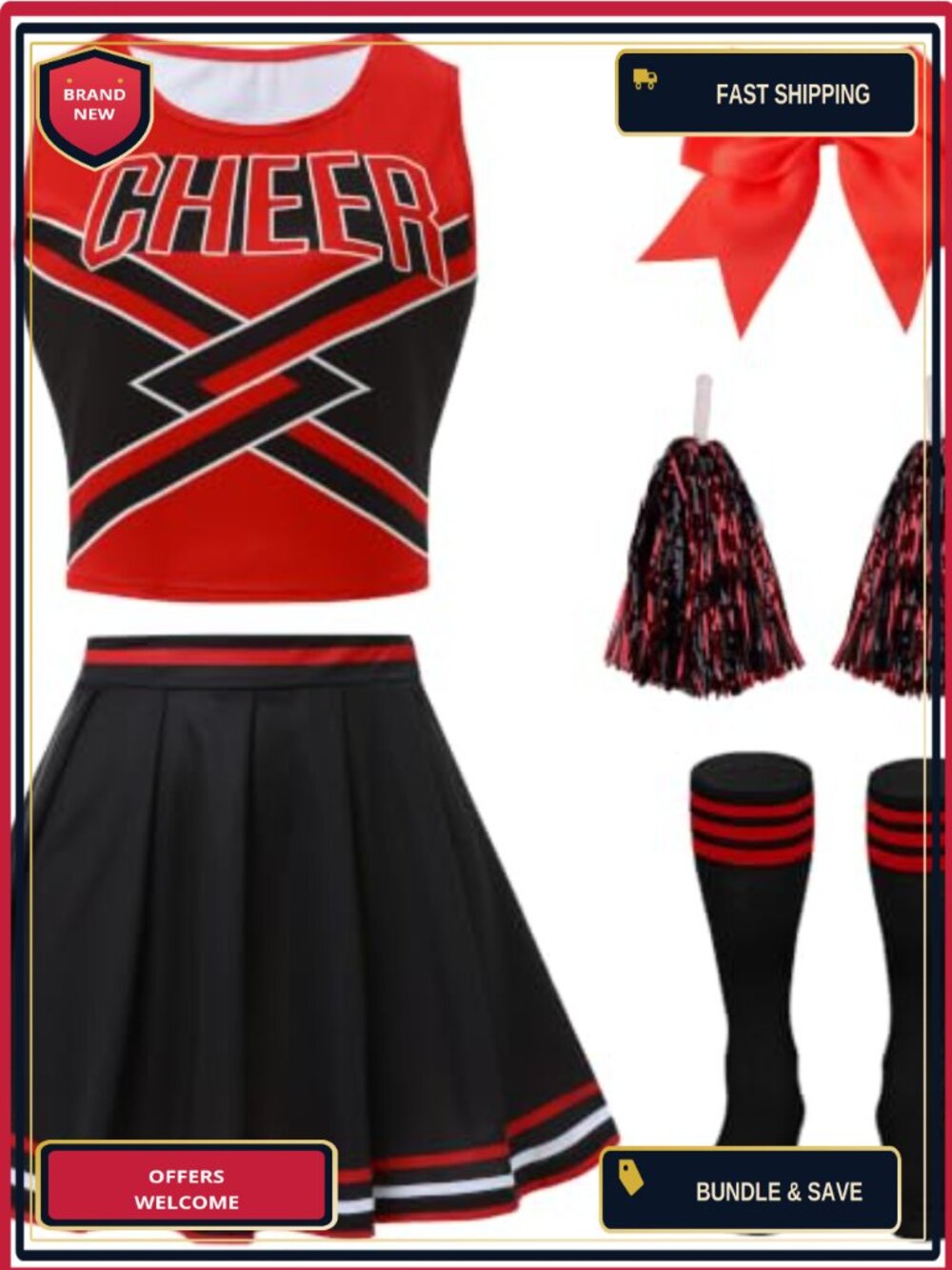 Womens Cheerleader Costume 5 Piece Polyester Cheerleading Outfit Set